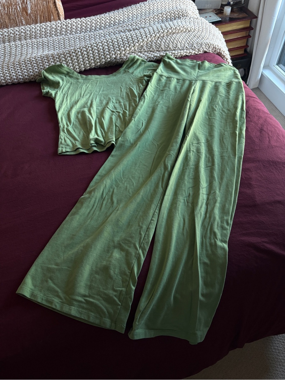 Brandy Melville Matcha Set Light Olive Green Wide-Leg Lounge Set